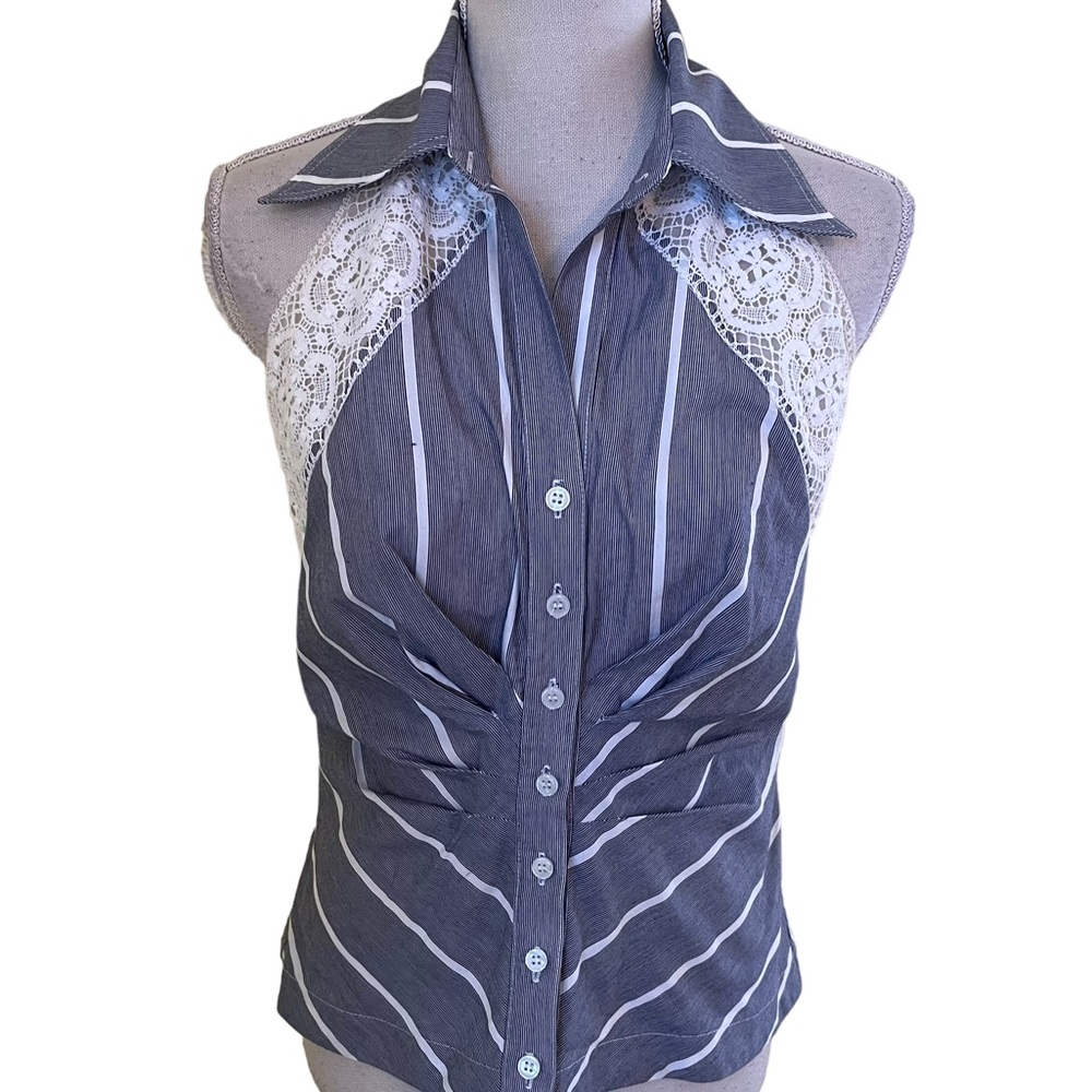 Finley Blue and White Stripe Button Front "Isis" Halter Top S